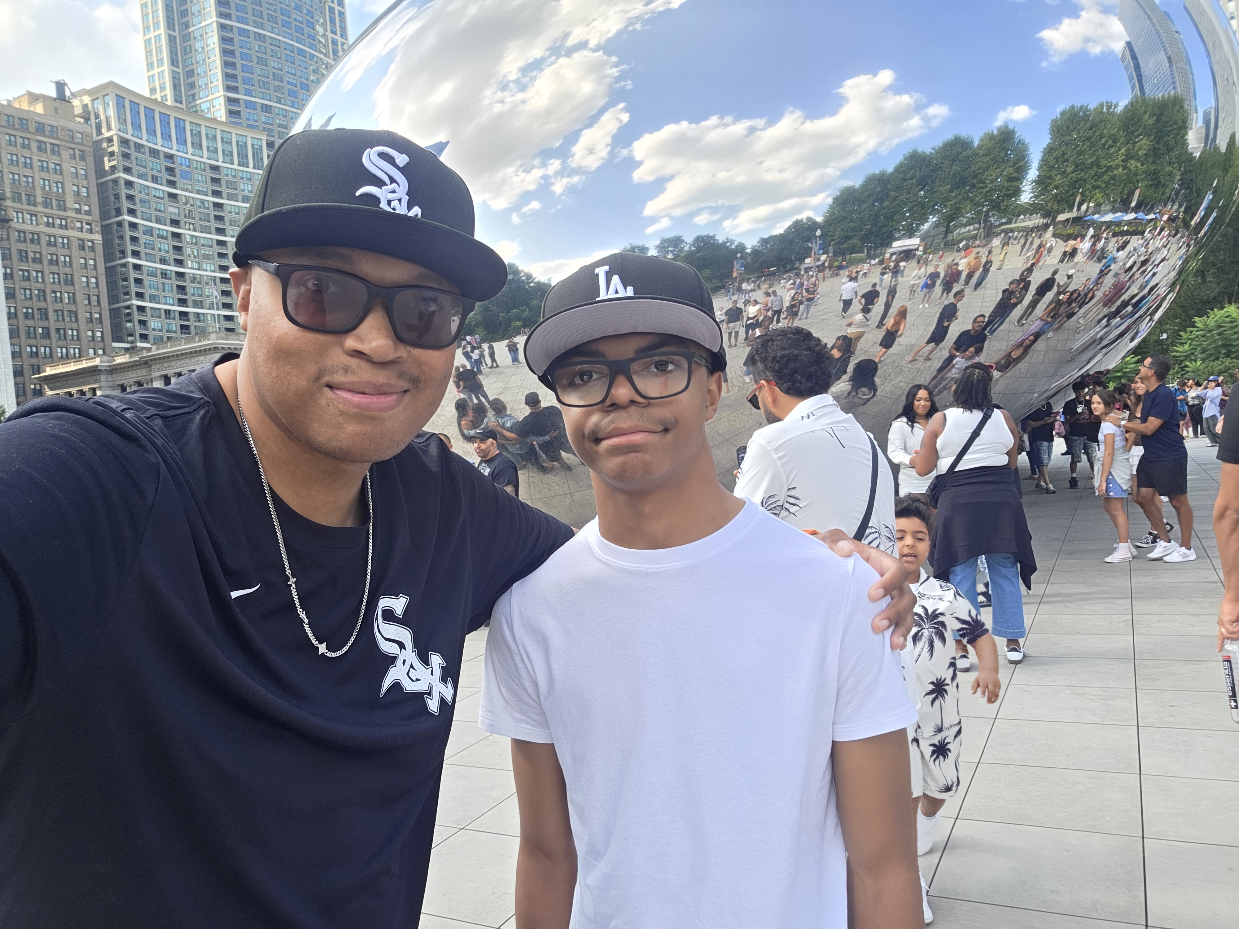 My son, Gregory, and I stop for a selfie at Cloud Gate in Millennium Park during our spontaneous Sunday adventure through Chicago.